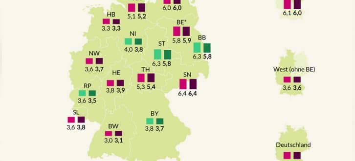 Kita-Betreuungsrelation nach Bundesländern 2015 und 2017. Grafik: Bertelsmann Stiftung