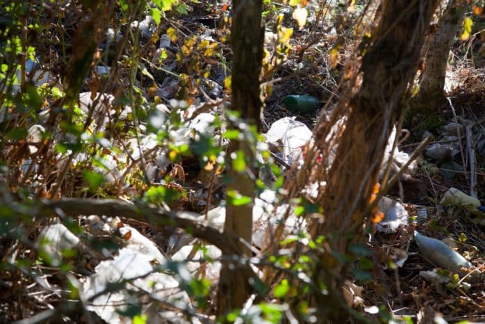 Nahleberg in Leipzig-Möckern: Zwischen Bäumen und Sträucher quillt Müll aus dem Boden. Foto: Michael Billig