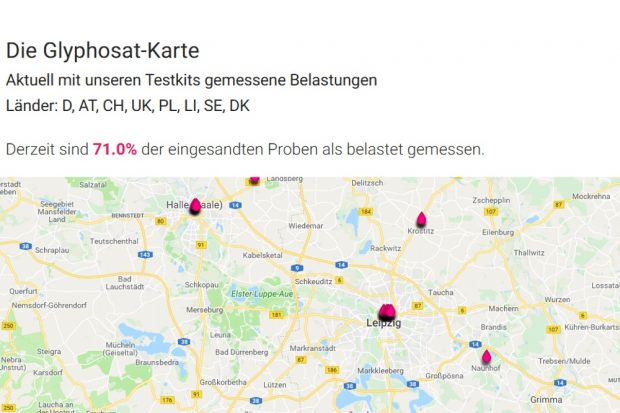 Die Karte (Ausschnitt) mit eingereichten und getesteten Proben reicht über halb Europa. Bild: Screen glyphosat-test.de