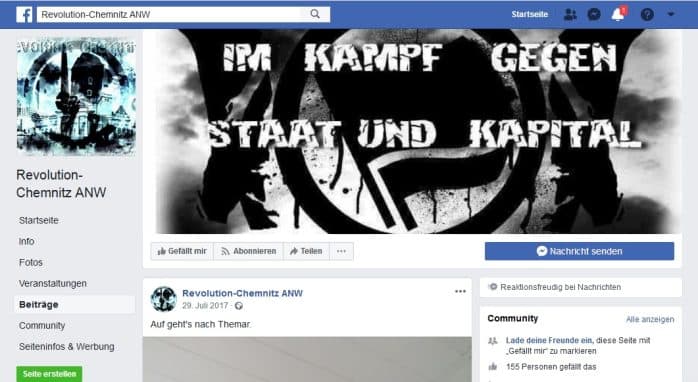 "Auf gehts nach Themar" (zum Neonazisfestival in Thüringen). Die "Revolution Chemnitz" auf Facebook. Nationale Sozialisten im Netzwerk. Screen Facebook, Seite ist mittlerweile geschlossen.