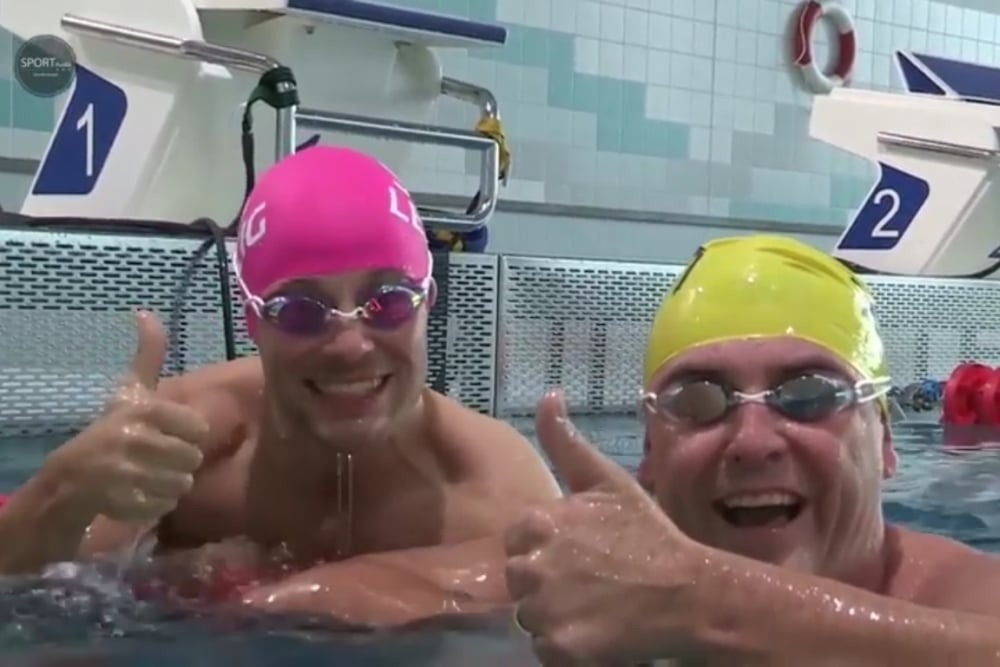 Nass gemacht: Norman Landgraf (re.) und Martin Hoch. Foto: Screenshot Sportpunkt