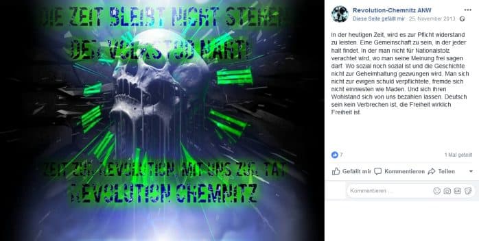 Der "Volkstod" bei der Revolution Chemnitz schon im Jahr 2013. Rechts sein, scheint in der Erzgebirgsstadt schon lange schick zu sein. Screen Facebook, Seite ist mittlerweile geschlossen.