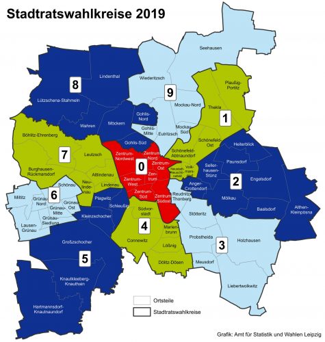 Die Wahlkreise zur Kommunalwahl am 26. Mai 2019 in Leipzig. Quelle Stadt Leipzig, Amt für Statistik und Wahlen