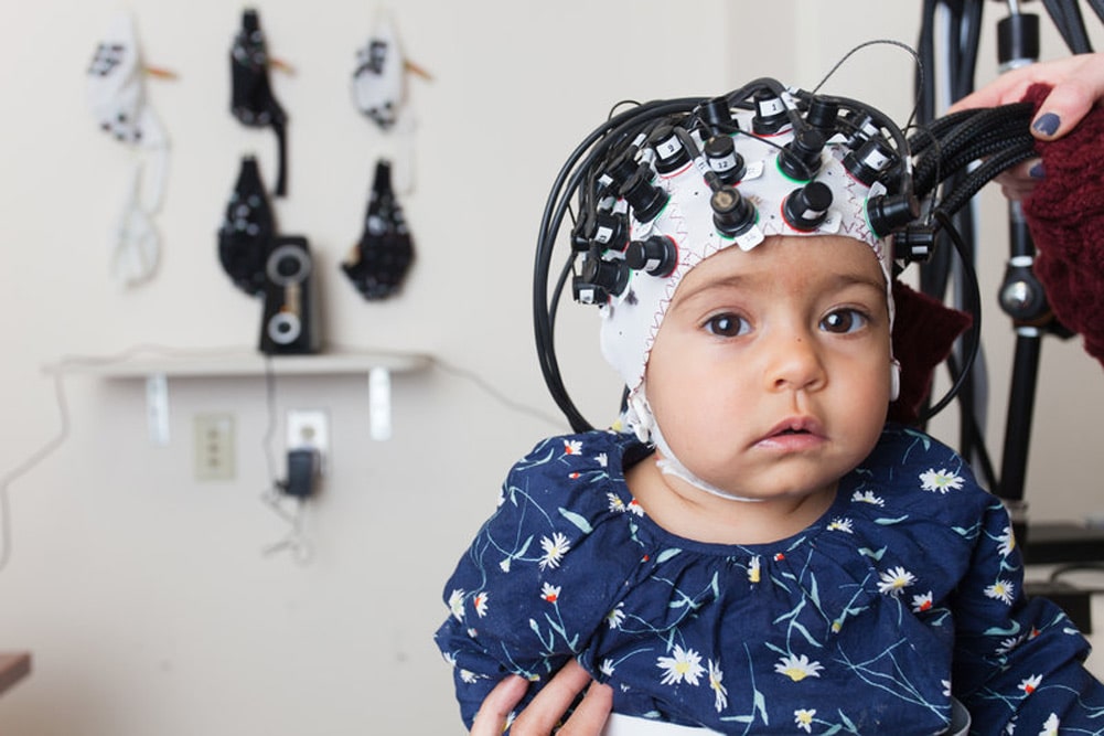 Mithilfe des Eye Trackings werden die Blickbewegung der Babies gemessen, während sie ängstliche, fröhliche oder wütende Gesichter zu sehen bekommen. Foto: MPI CBS