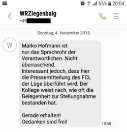 WRZ versendet SMS. Erst keine Antworten, dann Abwertung des Kritikers. Screen L-IZ.de