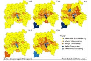 Zuwanderung in Leipziger Ortsteile in fünf Jahreskarten. Grafik: Stadt Leipzig, Quartalsbericht 3 / 2018