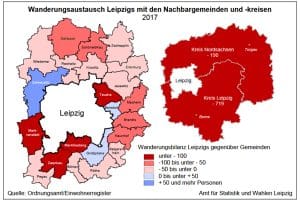 Wanderungsaustausch mit Leipzigs Nachbargemeinden. Karte: Stadt Leipzig, Statistisches Jahrbuch 2018