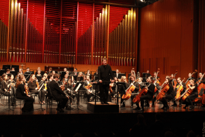 Das Hochschulsinfonieorchester mit seinem Dirigenten Prof. Matthias Foremny. Foto: Siegfried Duryn