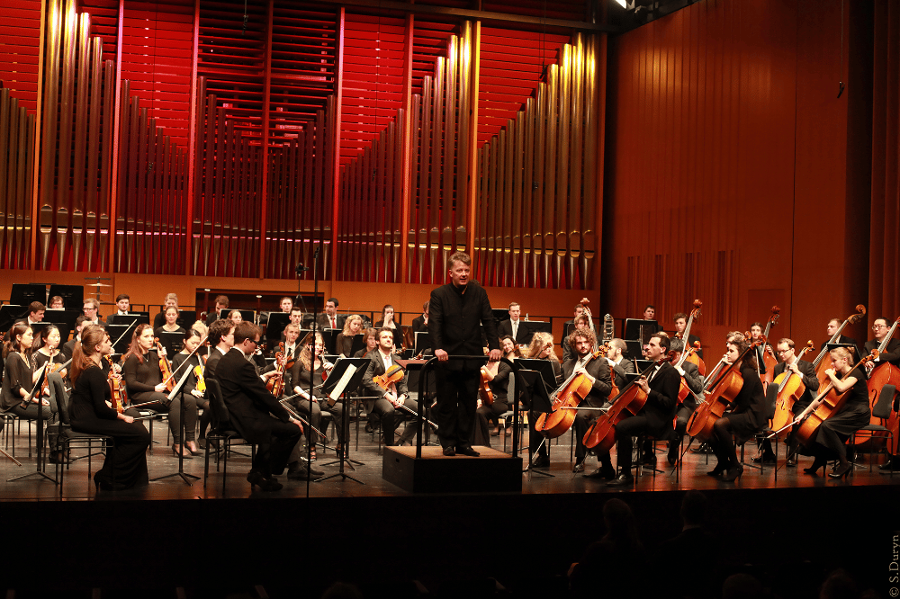 Das Hochschulsinfonieorchester mit seinem Dirigenten Prof. Matthias Foremny. Foto: Siegfried Duryn