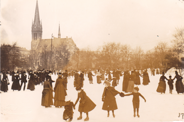 Hermann Walter, Eisbahn im Johannapark mit Lutherkirche, Leipzig, 1890. Quelle: Andreas J. Mueller