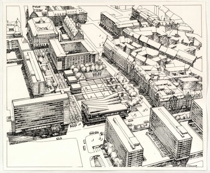 Sachsenplatz mit Informationszentrum, Schaubild, Entwurf von Hans-Dietrich Wellner, 1969, Reproduktion, Stadtarchiv Leipzig