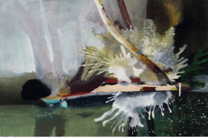 Stefan Schwarzmüller, Spreewald (rot-grün-splash), 2016, Mischtechnik auf Leinwand, 51 x 58 cm. Quelle: ARTAe Galerie Leipzig