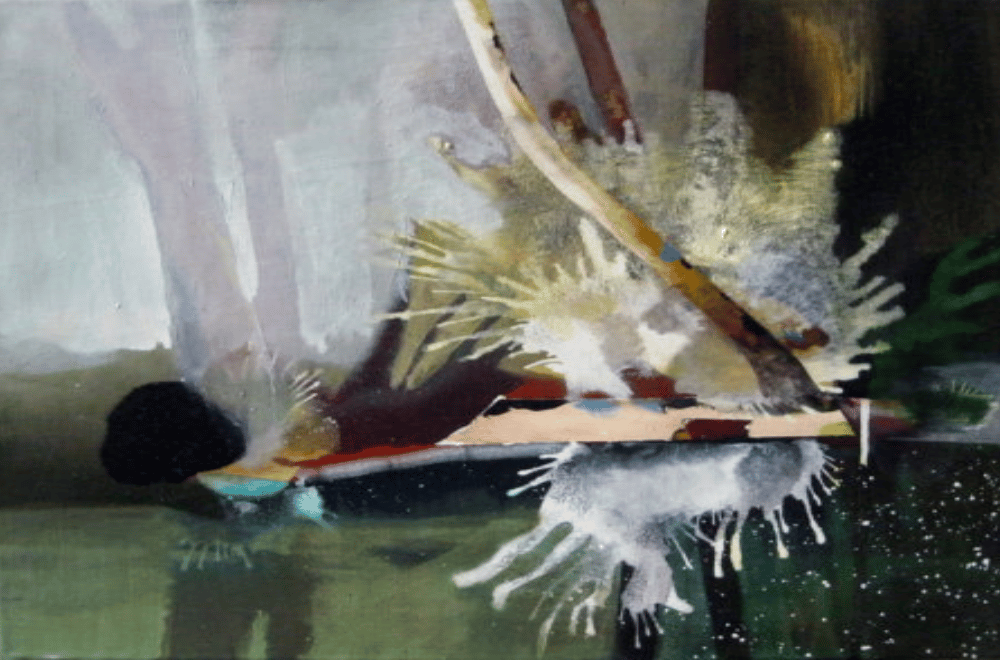 Stefan Schwarzmüller, Spreewald (rot-grün-splash), 2016, Mischtechnik auf Leinwand, 51 x 58 cm. Quelle: ARTAe Galerie Leipzig