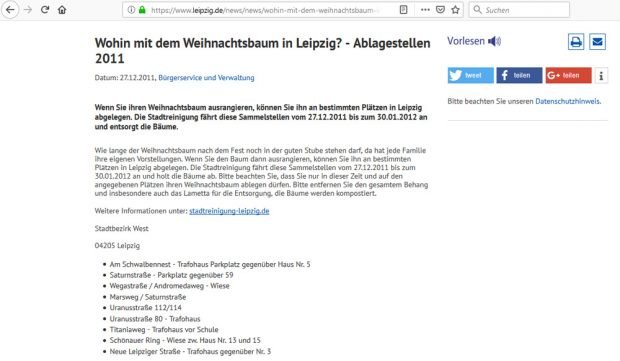 Am 1. Januar noch zu finden: Meldung zu Ablagestellen von 2011. Screenshot: L-IZ