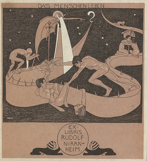 Exlibris für Rudolf Nirrnheim. Für dieses Exlibris verwendet Ade das uralte Bildmotiv der Lebensalter. Während aber traditionell die Lebensalter auf einer auf- und absteigenden Treppe dargestellt werden, verlegt Ade das Geschehen auf einen gewundenen Dornenzweig. Quelle: Universitätsbibliothek Leipzig