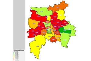 Überschuldungsquoten im Leipziger Stadtgebiet. Karte: Creditreform