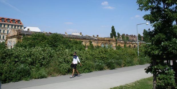 Die fast zugewachsenen Gebäude des Eilenburger Bahnhifs und die Hauptachse des Lene-Voigt-Parks. Foto: Ralf Julke