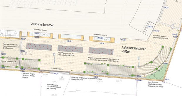 Die geplante Aufenthaltsfläche im Hof der Musikalischen Komödie. Grafik: pbs architekten