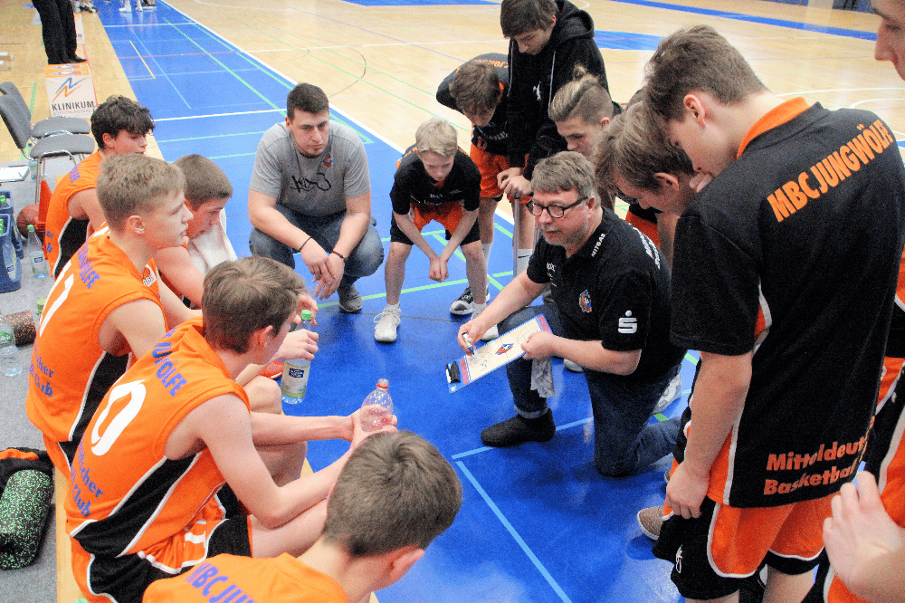 Head Coach Pit Lüschper mit den MBC Jungwölfen bei einer Auszeit. Foto: Birger Zentner