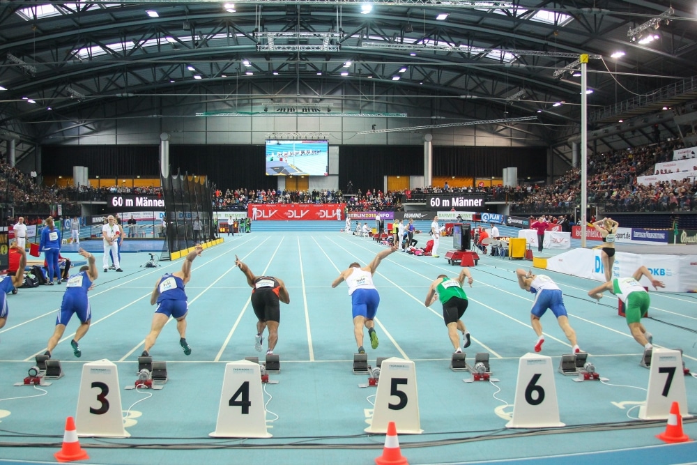 Die Arena Leipzig im charakteristischen Leichtathletik-Blau. Foto: Jan Kaefer