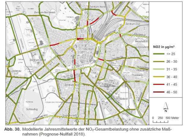 Modellrechnung für die NO2-Belastungen einzelner Straßenabschnitte 2018. Grafik: Stadt Leipzig, Luftreinhalteplan 2018