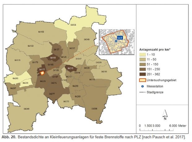 Verteilung gemeldeter Kleinfeuerungsanlagen im Leipziger Stadtgebiet. Grafik: Stadt Leipzig, Luftreinhalteplan 2018