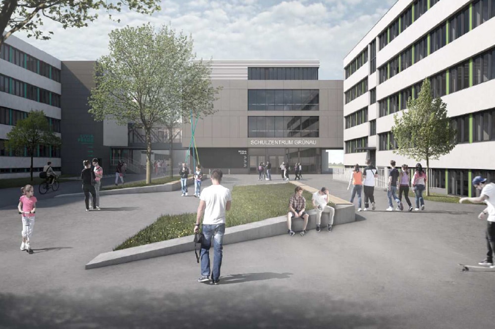Entwurf für das Schulzentrum Grünau. Visualisierung: agn Niederberghaus & Partner GmbH