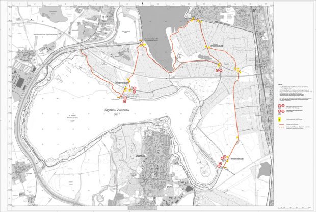 Die zu beachtenden Umleitungen im Umfeld der Aufschüttungen zwischen Cospudener und Zwenkauer See. Karte: LMBV