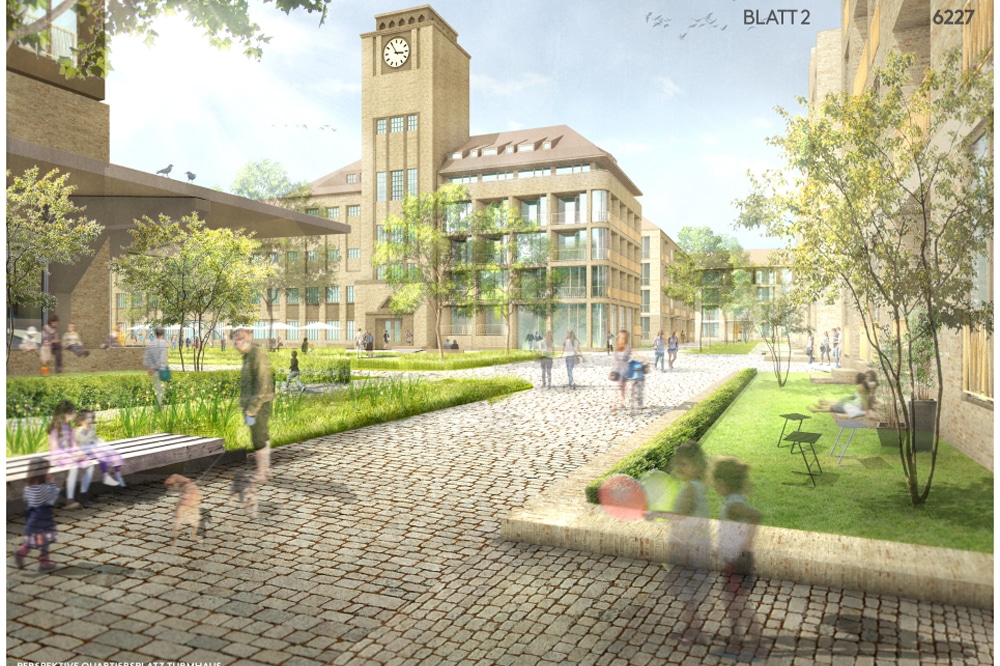 Entwurf für das neue Wohngebiet „Zur Alten Brauerei“. Visualisierung: Arbeitsgemeinschaft Schulz und Schulz Architekten / Bayer Uhrig Architekten / Franz Reschke Landschaftsarchitektur