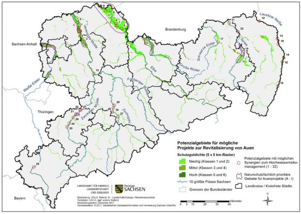 Das Potenzial der Auenwiederherstellung in Sachsen. Prioritäres Projekt A ist das Leipziger Auensystem. Grafik: Freistaat Sachsen, LfULG, Vortrag Dr. Maik Denner