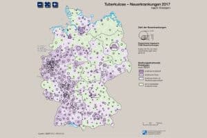 Verteilung der Tuberkuloseneuerkrankungen in Deutschland. Grafik: IfL, Nationalatlas