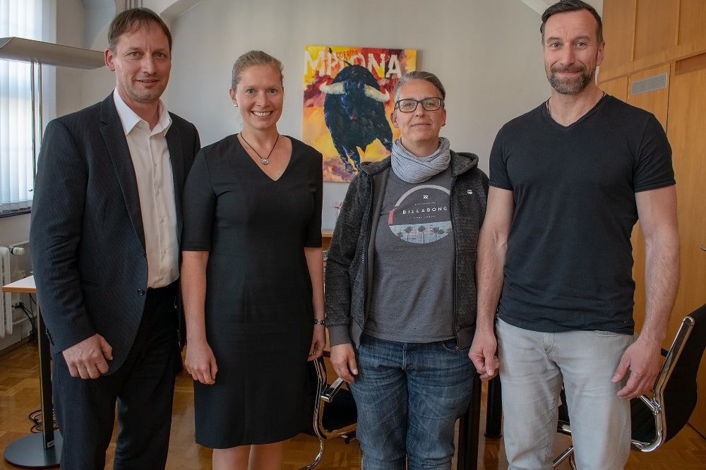 Emil Färber-Geschäftsführer Uwe Müller (l.) und sein Geschäftsstellenleiter Marcel Gliemann trafen sich zu weiteren Abstimmungsgesprächen mit Torgaus Oberbürgermeisterin Romina Barth (2.vl.) und der Landesgartenschaubeauftragten Bettina Klein. Foto: SV Torgau