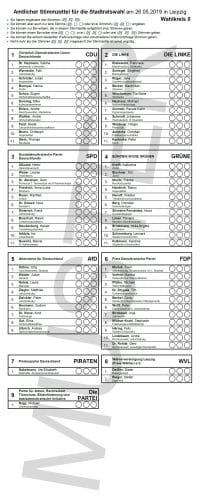 Ein Wahlzettel zur Stadtratswahl in Leipzig. Bild: Muster zum Wahlkreis 0, Stadt Leipzig