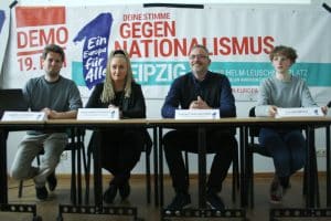 Demo-Organisator Marcus Röder, Irena Rudolph-Kokot, Sebastian Viecenz und Ita Weinrich. Foto: Ralf Julke