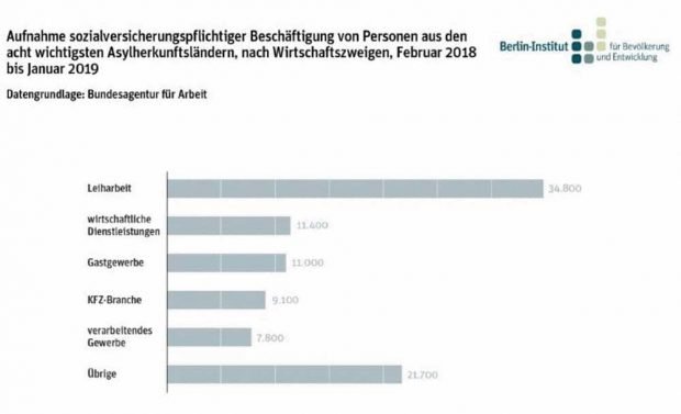 Arbeitsaufnahme von Geflüchteten nach Wirtschaftszweigen. Grafik: Berlin-Institut