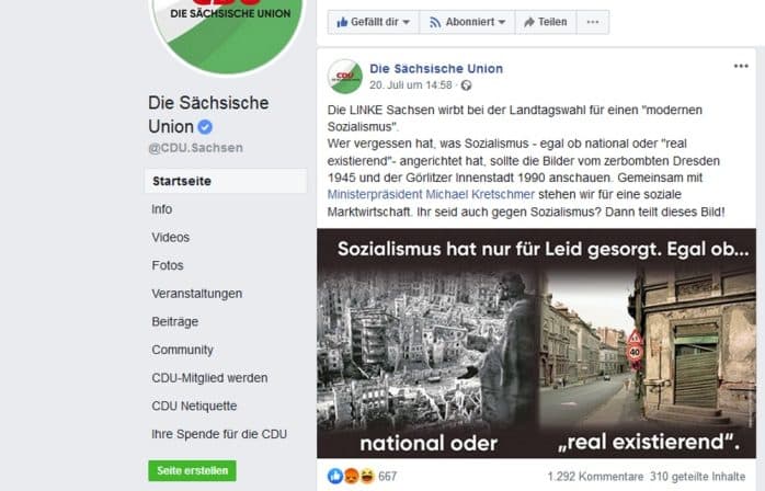 National. Sozialismus. Egal: Dabei sein ist alles. Screen CDU Sachsen bei Facebook