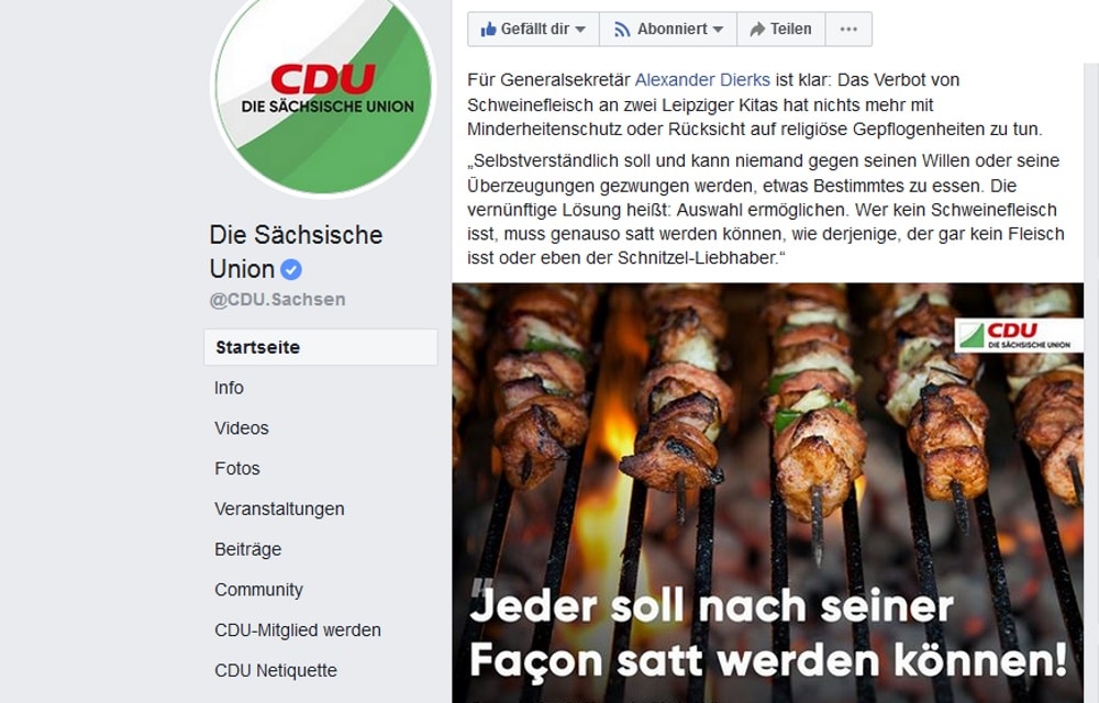 Satt werden? Es geht um das Schnitzel, ja die Wurst. Screen Facebook CDU Sachsen