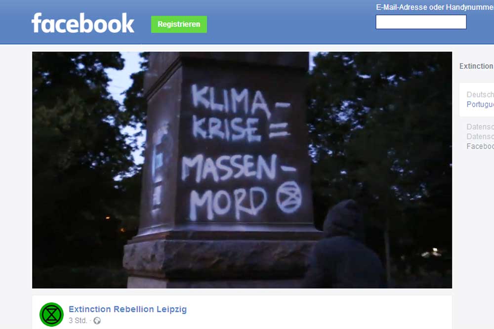 Eine deutliche Botschaft mit Sprühkreide 2019 an Denkmälern. Screenshot aus dem Facebook-Clip von Extinction Rebellion Leipzig. Screenshot: L-IZ