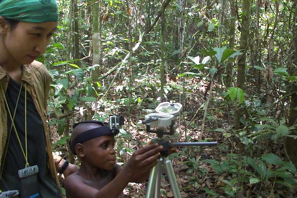 Ein 8,5 Jahre alter Mbendjele Junge zeigt in die Richtung, in der sich eine bekannte Nahrungsquelle befindet. Foto: Karline Janmaat