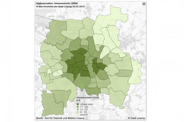 Stimmenanteile der Grünen zur Stadtratswahl am 26. Mai. Grafik: Stadt Leipzig, Amt für Statistik und Wahlen