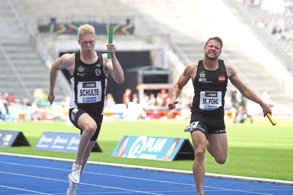 Marvin Schulte (DHfK) hielt der Attacke von Michael Pohl (Wetzlar) - frisch gebackener Deutscher Meister über 100 Meter - stand und sicherte Gold für Leipzig. Foto: Jan Kaefer