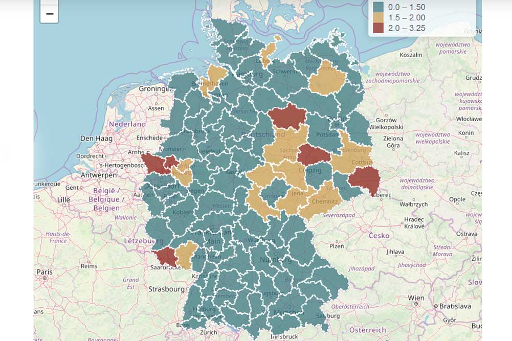 Die Karte des IW Köln mit den „gefährdeten Regionen“, Karte: IW Köln