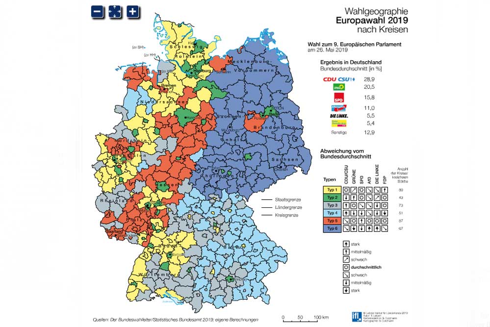 Die im Nationalatlas veröffentlichte Karte zu den Raumtypen bei der Europawahl. Karte: IfL, Nationalatlas