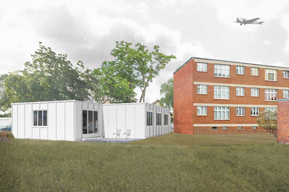 Visualisierung des Projekts mit Ansicht eines Laubenganghauses. Foto: Uni Kassel