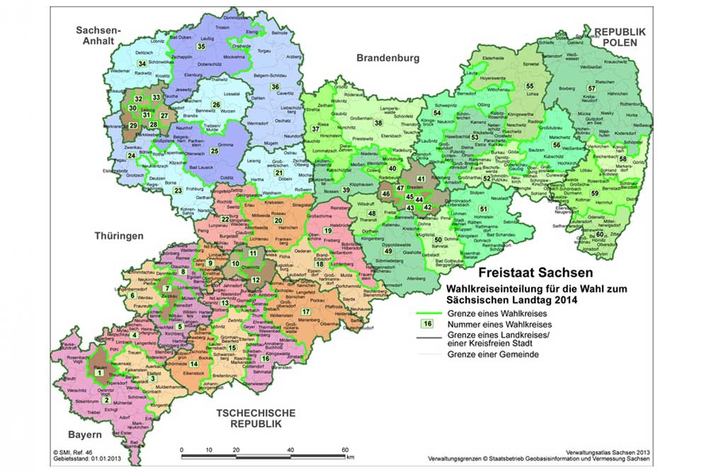 Die Wahlkreise zur Landtagswahl 2014 und auch 2019. Karte: Freistaat Sachsen, Landesamt für Statistik