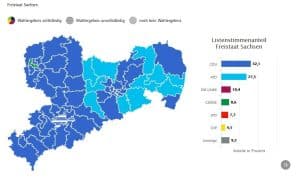 Die aktuelle Wahlgrafik zum Stand 1.09., 23:45 Uhr in Sachsen. CDU-AfD-Land mit kleinen Punkten. Bild: sachsen.wahlen