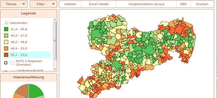 Altersdurchschnitt in den sächsischen Regionen 2018. Grafik: Freistaat Sachsen, Demografiemonitor