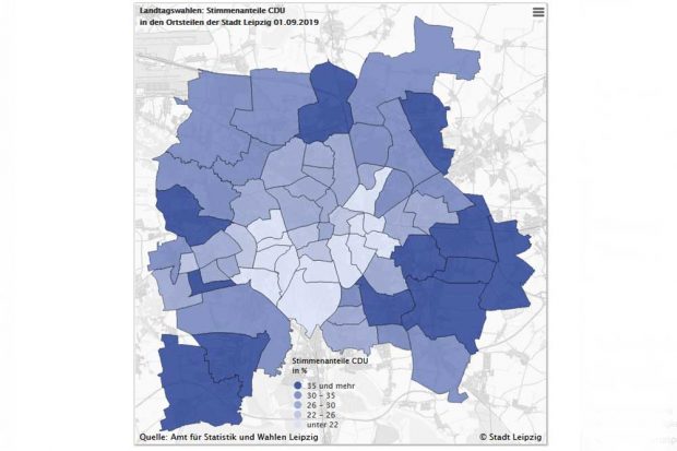 Wahlergebnisse der CDU am 1. September. Karte: Stadt Leipzig, Amt für Statistik und Wahlen