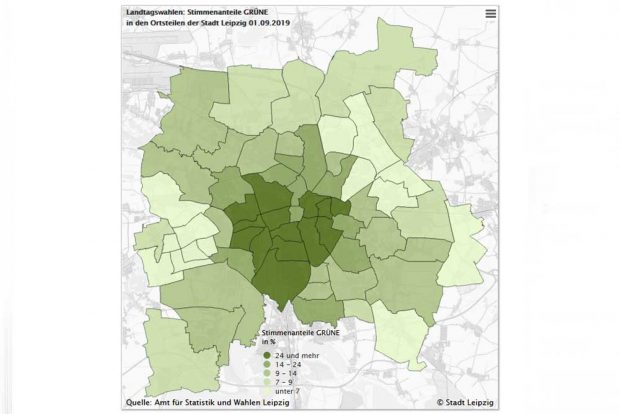 Wahlergebnisse der Grünen am 1. September. Karte: Stadt Leipzig, Amt für Statistik und Wahlen