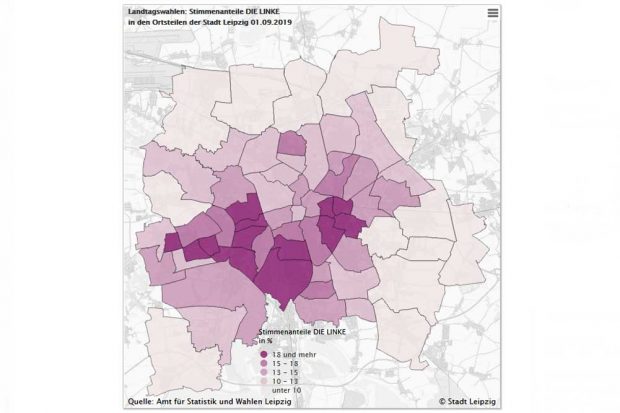 Wahlergebnisse der Linken am 1. September. Karte: Stadt Leipzig, Amt für Statistik und Wahlen
